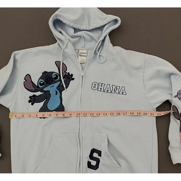 STITCH Disney Ohana Lilo & Stitch Light Blue Hooded Full Zip Jacket Size Large - Picture 7 of 9
